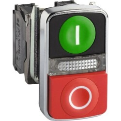 Schneider Electric XB4BW73731M5, Yeşil-Kırmızı Start-Stop Çiftli Buton, 1NA-1NK, Yaylı Tip, 220V Ledli, 22mm, Metal Gövdeli