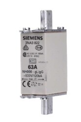 Siemens 3NA3822, V HRC sigorta elemanı, NH000, In: 63 A, gG, Un AC: 500 V, Un DC: 250 V, Ön gösterge, canlı kavrama pabuçları - Siemens 