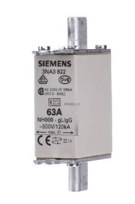 Siemens 3NA3822, V HRC sigorta elemanı, NH000, In: 63 A, gG, Un AC: 500 V, Un DC: 250 V, Ön gösterge, canlı kavrama pabuçları - 1